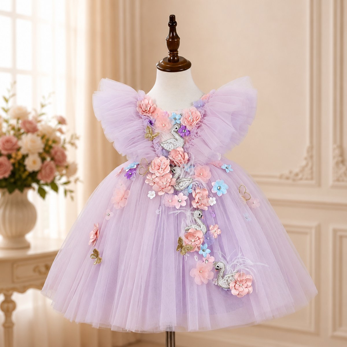 Petite fille en robe fillette mauve à volants aux épaules