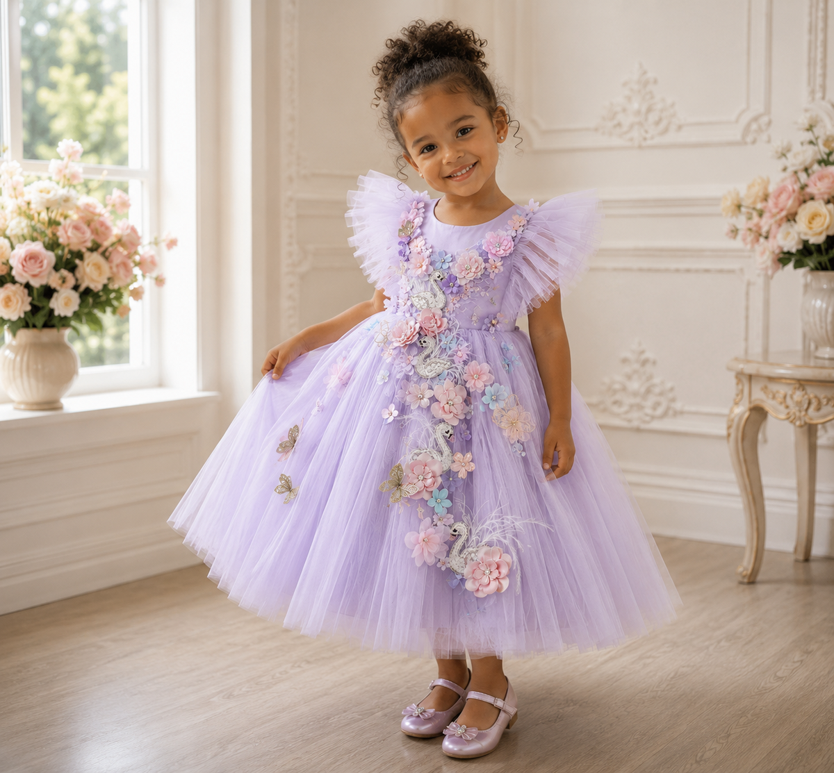 Petite fille portant la robe de princesse mauve Léonie