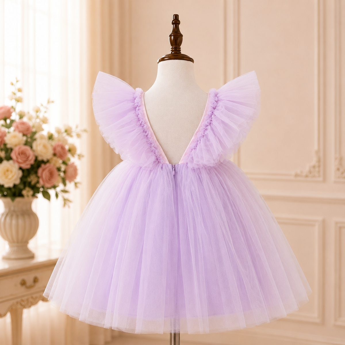 Robe de princesse fille mauve Léonie présentée sur mannequin
