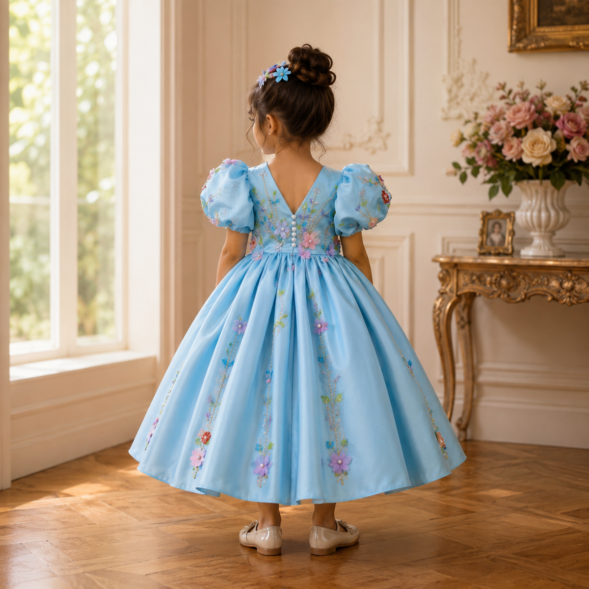 Petite fille en robe fillette bleue à manches bouffantes