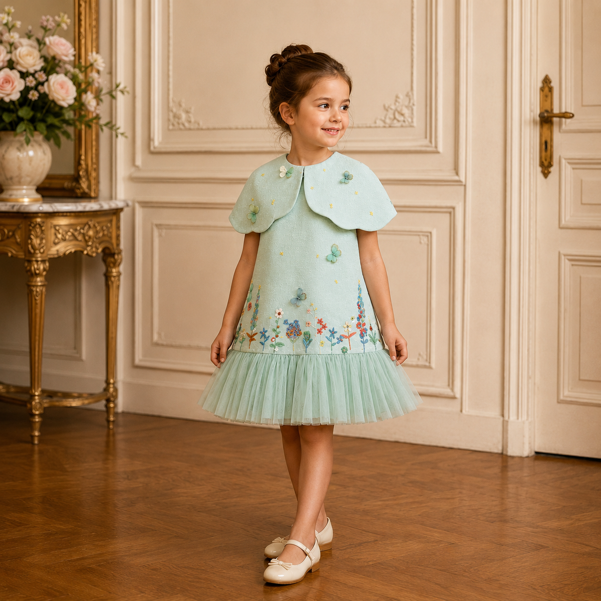 Petite fille portant la robe de princesse verte Eva