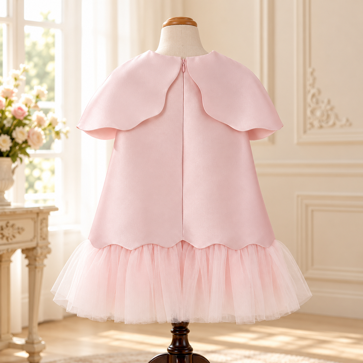 Robe de princesse rose poudré à cape festonnée, modèle Anna