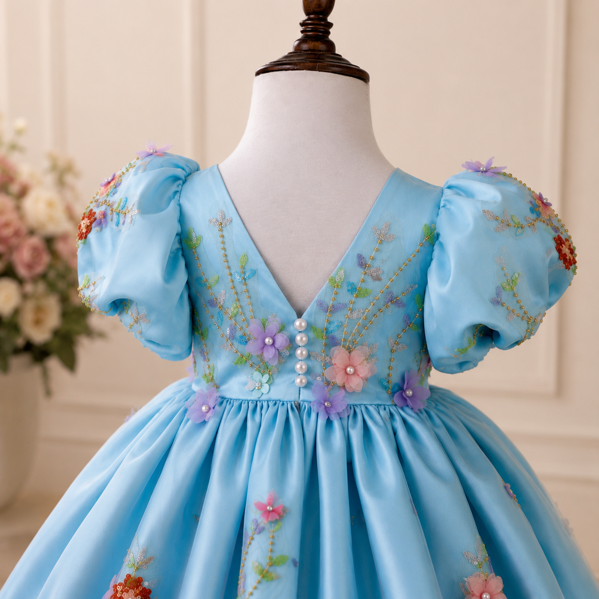 Robe de princesse bleue en satin pour fille, modèle Dina