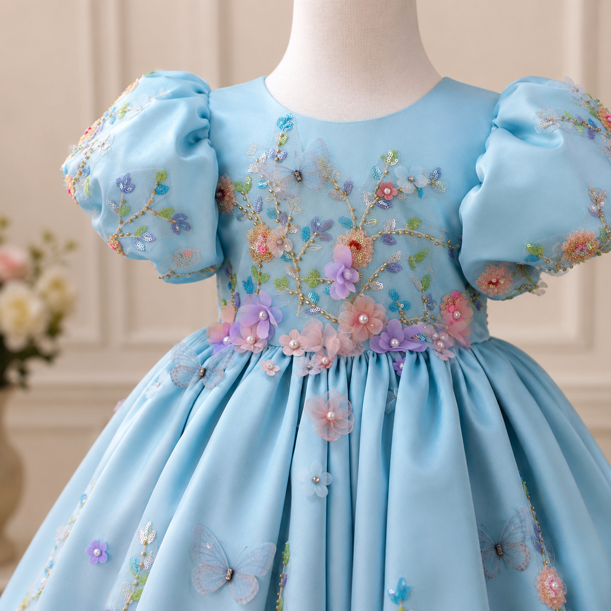 Robe de princesse fille bleue Dina présentée sur mannequin