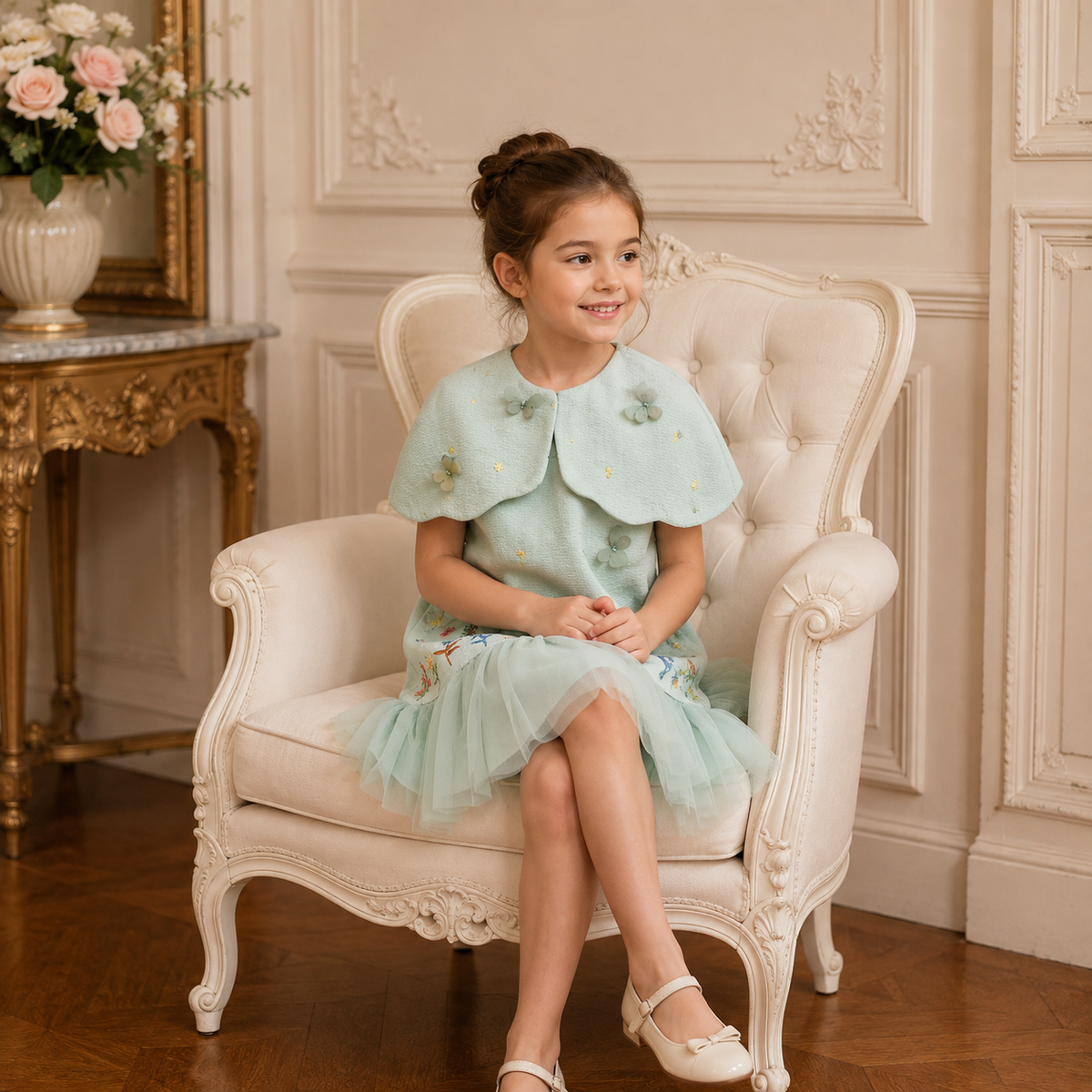Petite fille en robe fillette verte à col cape brodé